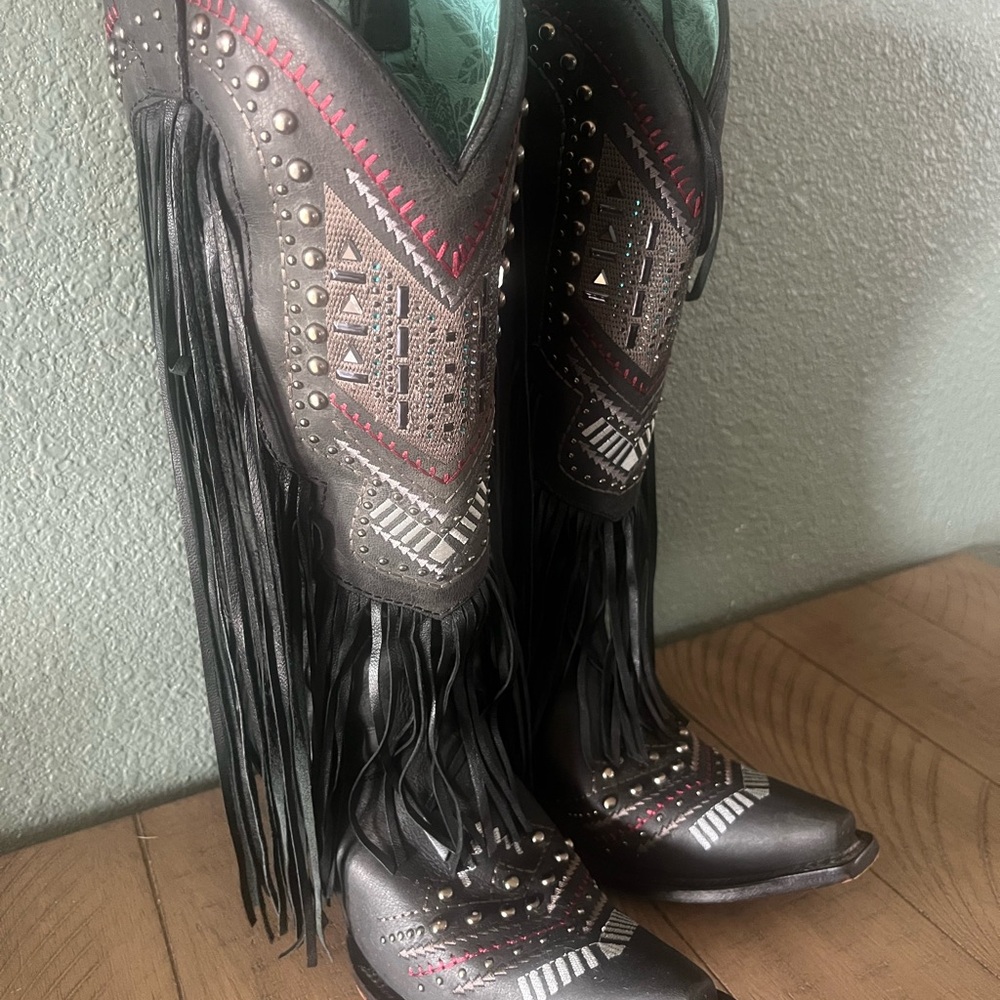 Corral Black and Red Over the Knee Boots with Fringe